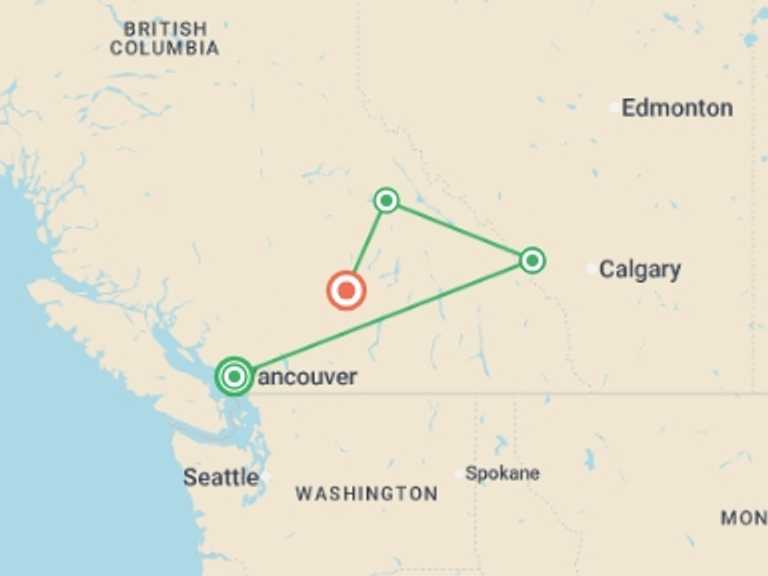 Map of North America City sightseeing Tour with 5 destination visits for the trip: Vancouver, Banff & Rockies Summer - 5 days