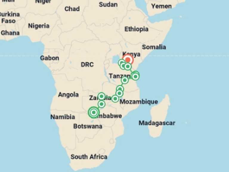 Map of 20-Day Africa Tour with 15 destination visits for the trip: Victoria Falls & Serengeti Overland: Lakes & Landos