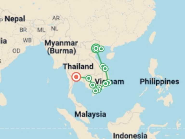 Map itinerary of Hanoi Tour in September 2026 with 11 destination visits for the trip: Hanoi to Bangkok (via Cambodia) Travel Pass