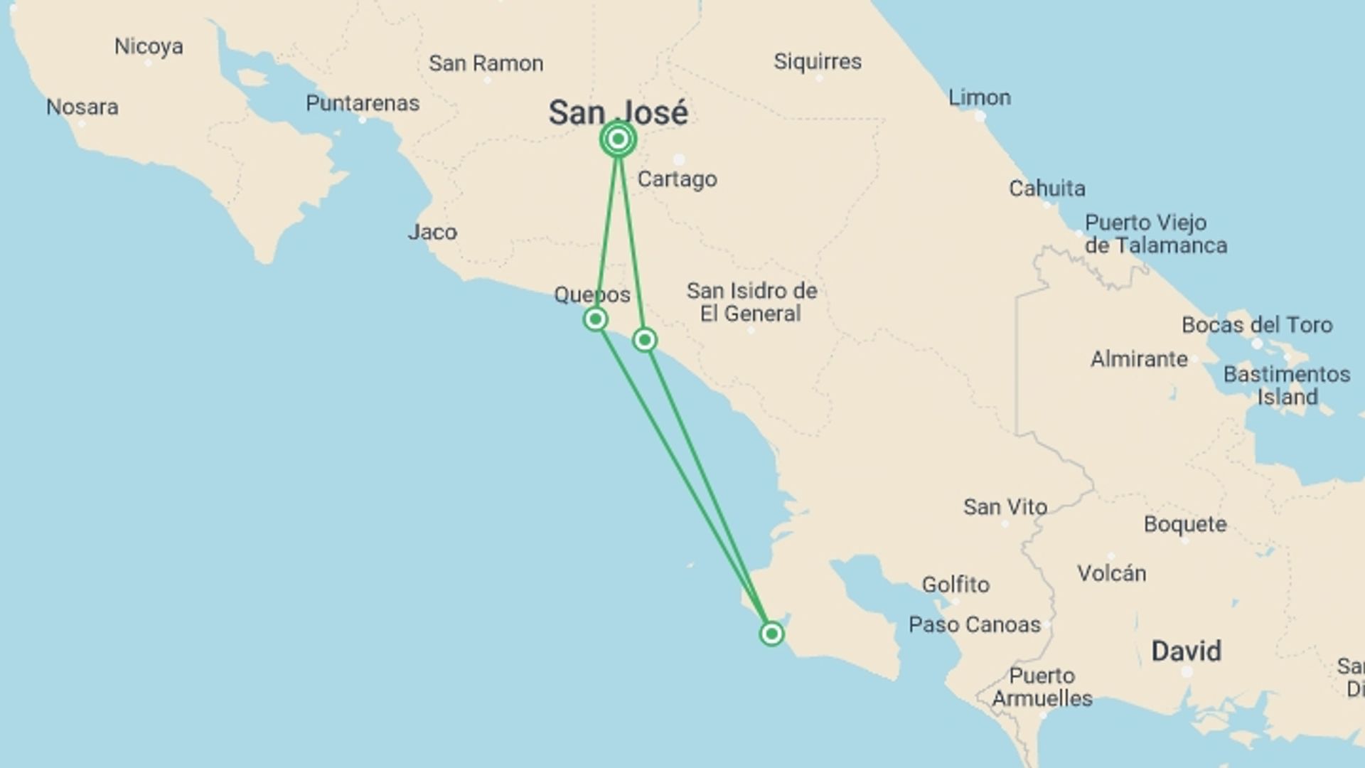 A map showing the tour itinerary for the trip: Best of Costa Rica, starting in San Jose, Costa Rica and ending in San Jose, Costa Rica going through 3 other destinations.