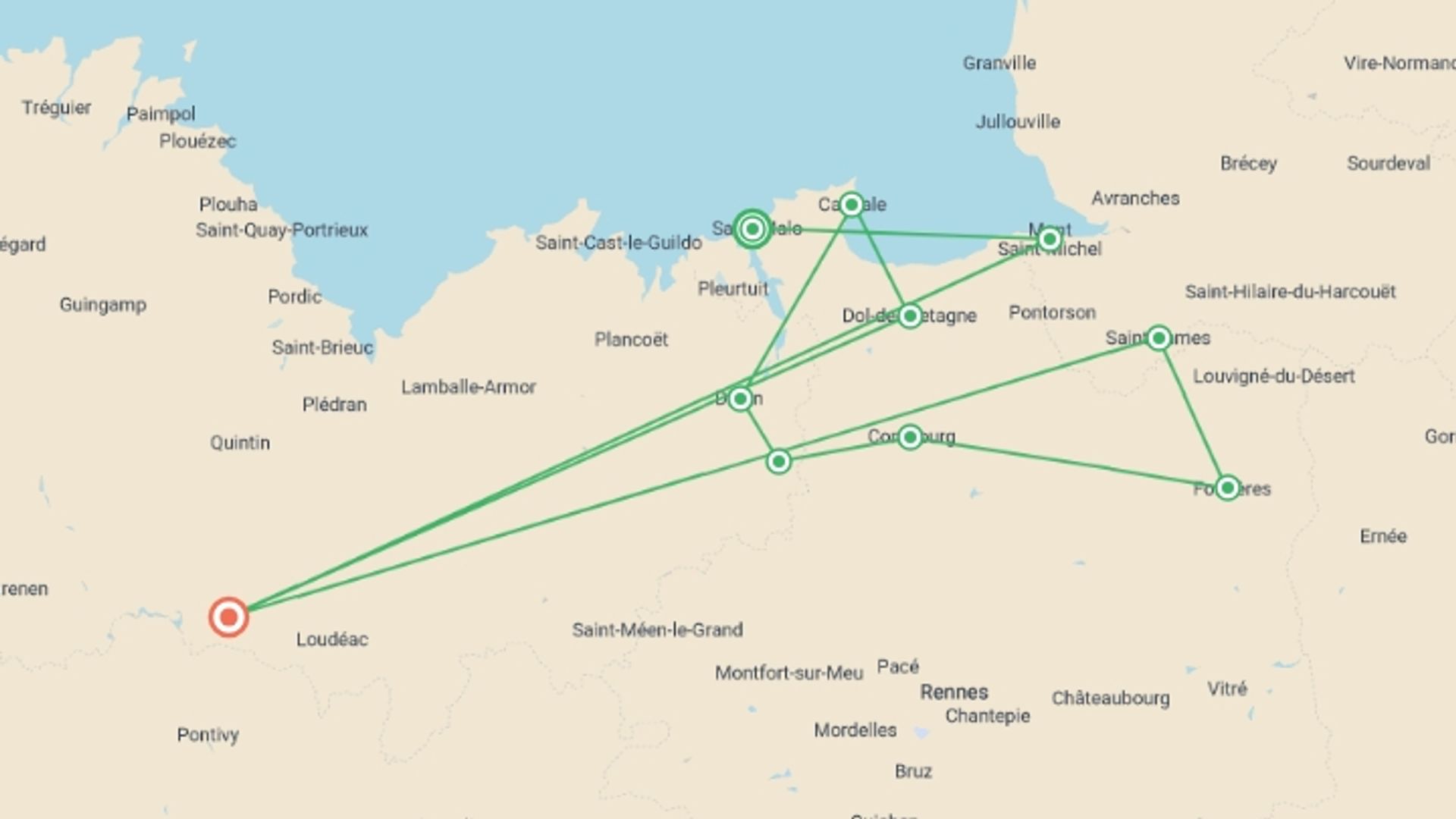 A map showing the tour itinerary for the trip: Brittany Walled Towns, starting in  St Malo, France and ending in Brittany, France going through 5 other destinations.