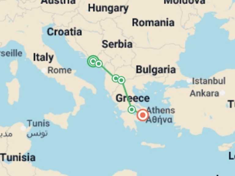 Map itinerary of Kotor Tour in November 2025 with 6 destination visits for the trip: Dubrovnik and Athens