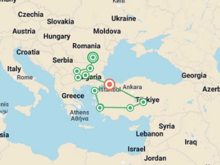 Map of Plovdiv Tour with 10 destination visits for the trip: Romania, Bulgaria & Turkey Discovery