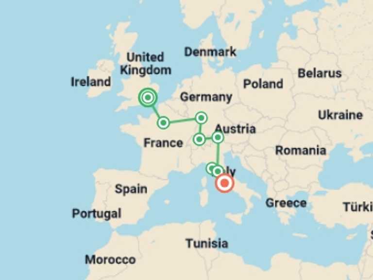 Map itinerary of Mediterranean Tour in September 2026 with 7 destination visits for the trip: Best of Western Europe