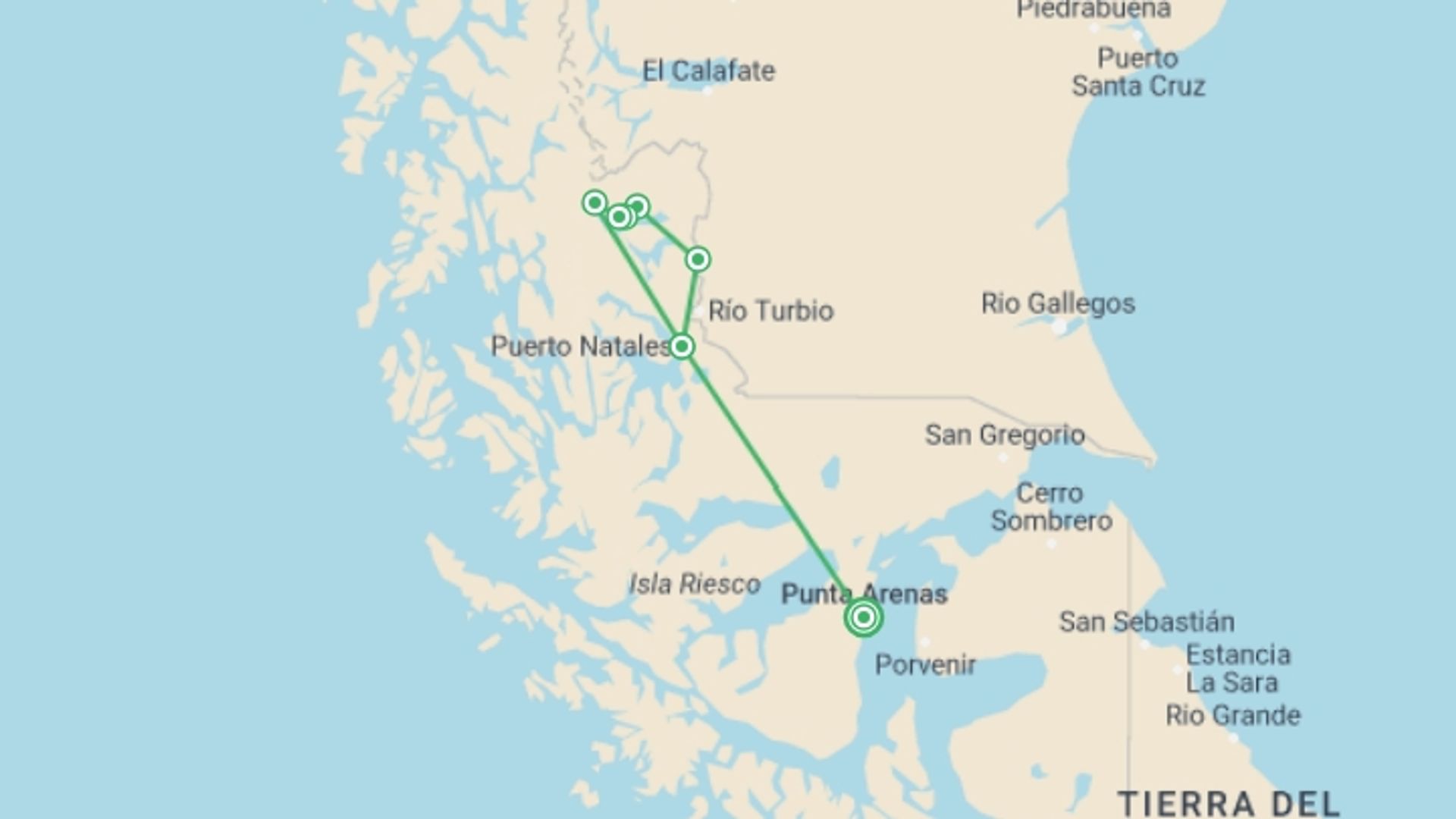 A map showing the tour itinerary for the trip: Exploring the Best of Torres del Paine - W circuit, starting in Punta Arenas, Chile and ending in Punta Arenas, Chile going through 8 other destinations.