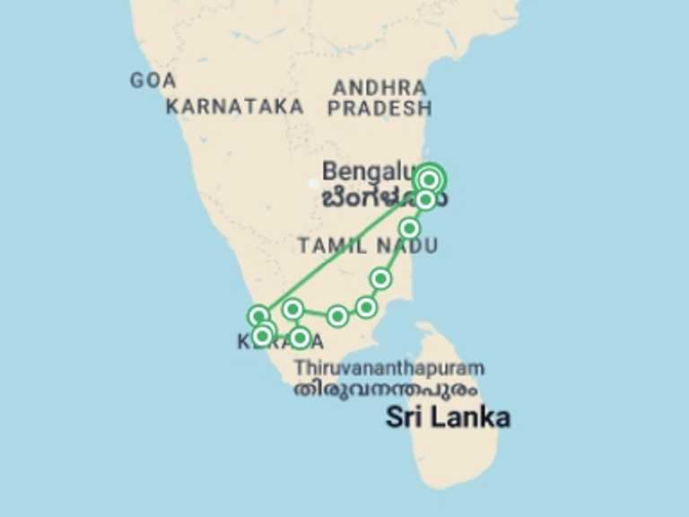 Map of India Tour with 11 destination visits for the trip: South India Explorer - 14 days