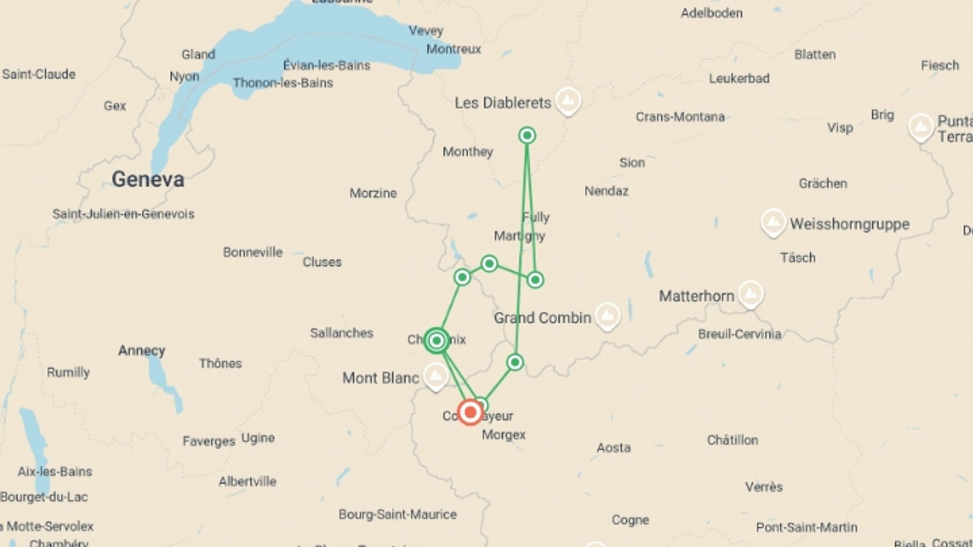 A map showing the tour itinerary for the trip: Mont Blanc Rambler Guided Hike, starting in Chamonix, France and ending in Courmayeur, Italy going through 6 other destinations.