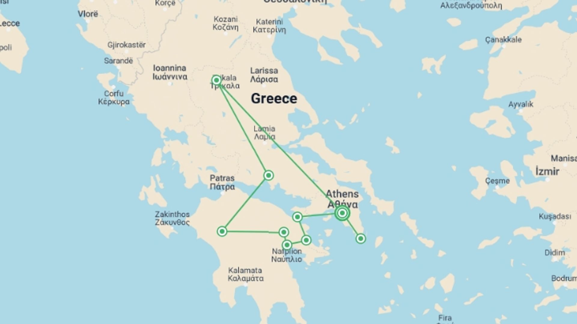 A map showing the tour itinerary for the trip: Classical Tour Greece Nafplion, Olympia, Delphi, Meteora, starting in Athens, Greece and ending in Athens, Greece going through 3 other destinations.