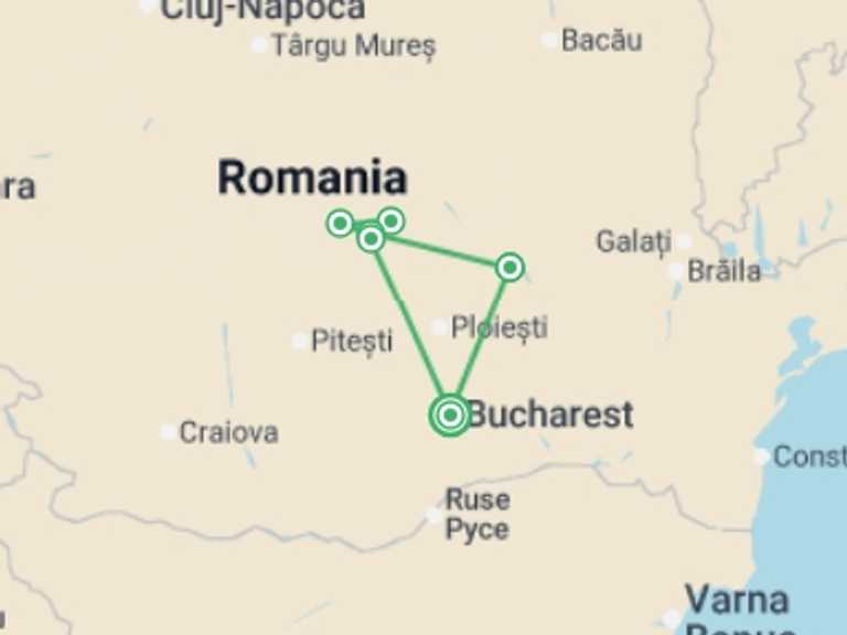Map itinerary of Europe Tour in July 2026 with 6 destination visits for the trip: Summits of the Transylvanian Alps