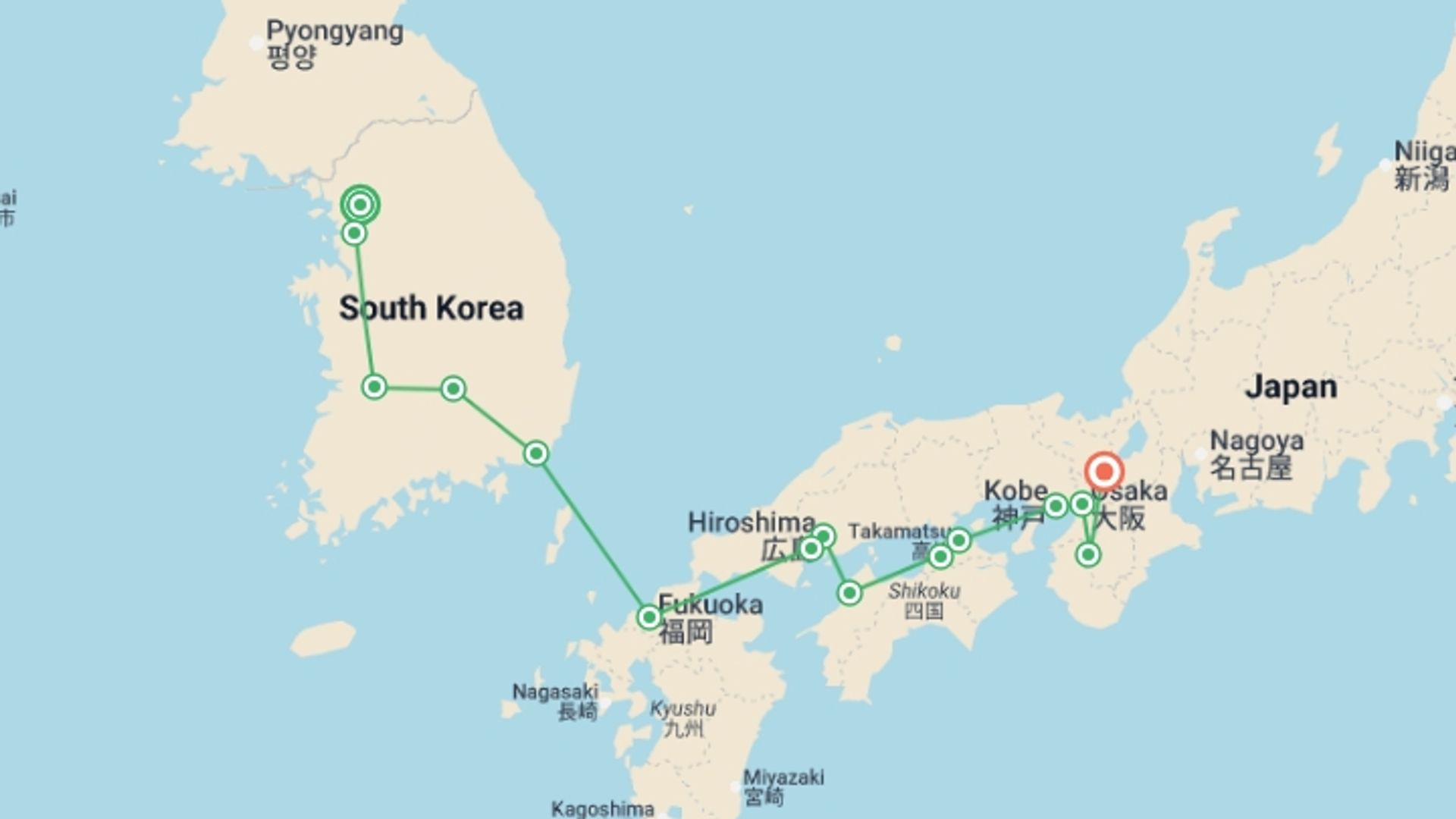 A map showing the tour itinerary for the trip: From Seoul to Kyoto, starting in Seoul, South Korea and ending in Kyoto, Japan going through 7 other destinations.