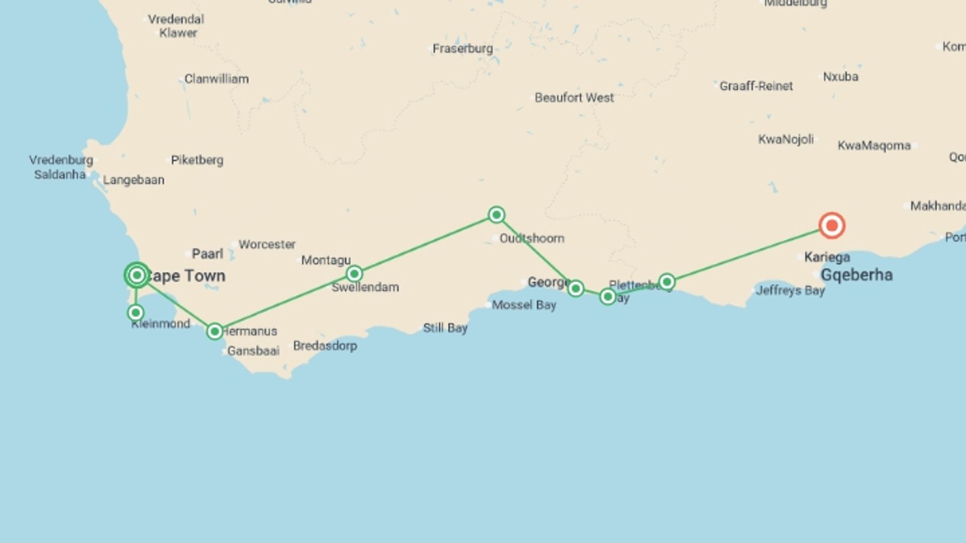 A map showing the tour itinerary for the trip: South Africa's Garden Route, starting in Cape Town, South Africa and ending in Addo Elephant National Park, South Africa going through 7 other destinations.