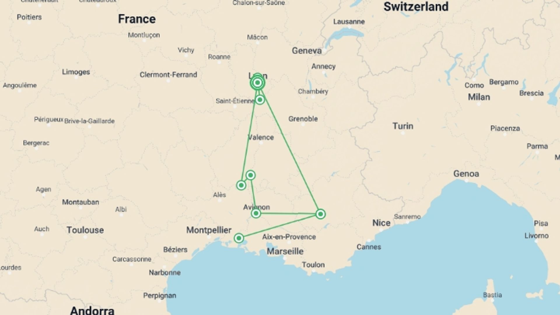 A map showing the tour itinerary for the trip: All the must-see sites on the Rhône between Lyon, Provence, and the Camargue with a dinner at Paul Bocuse's Abbaye de Collonges Restaurant OFFERED (port-to-port cruise), starting in Lyon, France and ending in Lyon, France going through 3 other destinations.