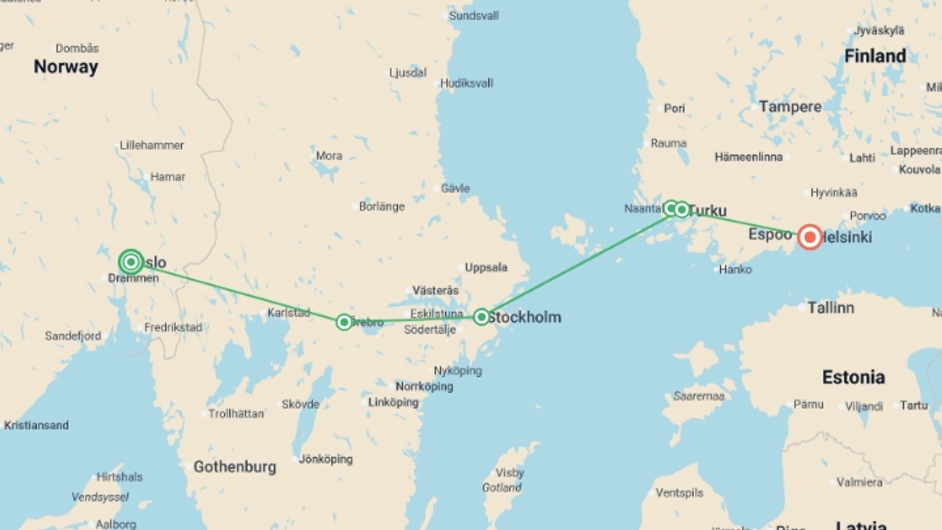 A map showing the tour itinerary for the trip: Solo Lite Simply Scandinavia, starting in Oslo, Norway and ending in Helsinki, Finland going through 4 other destinations.