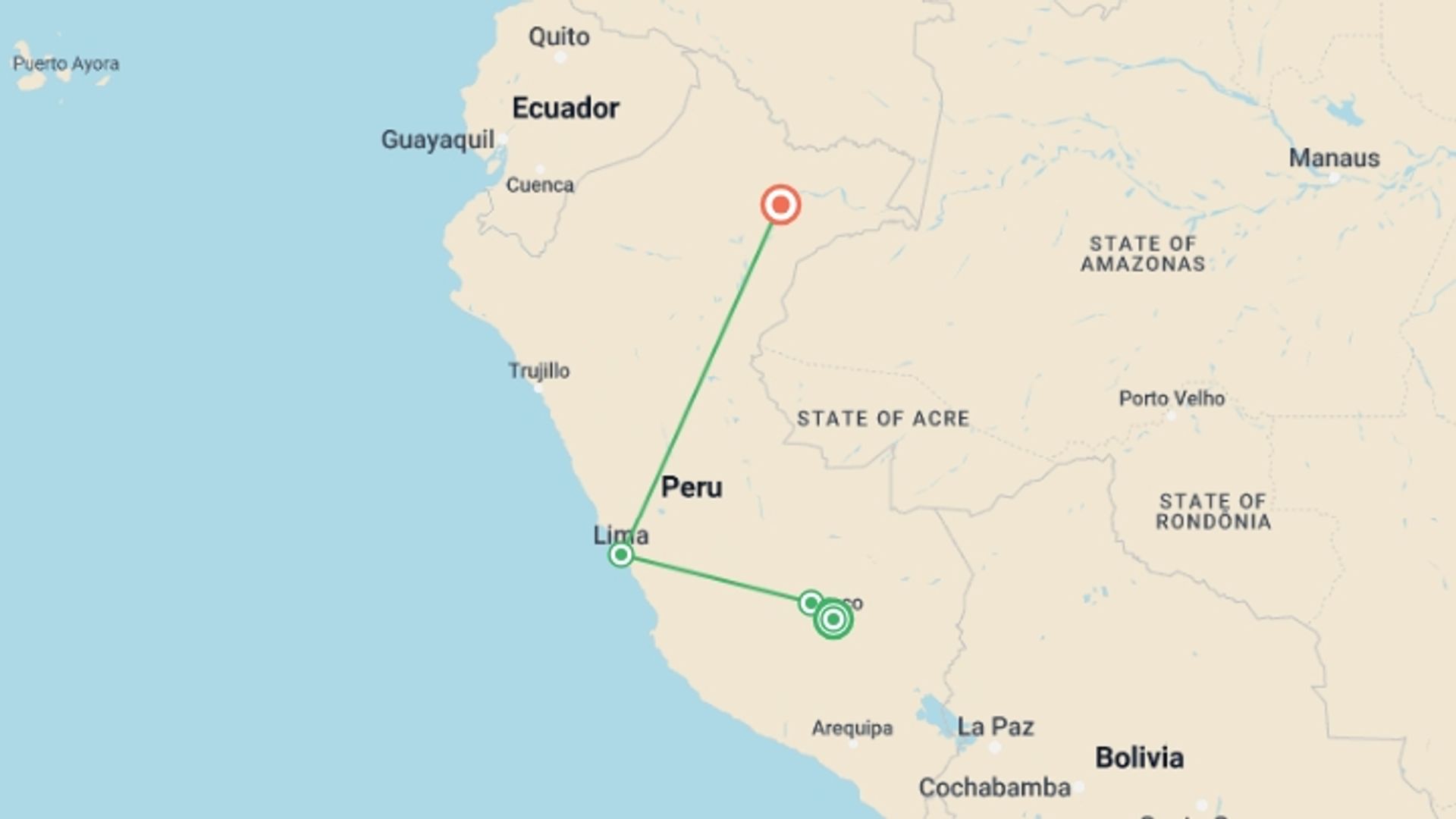 A map showing the tour itinerary for the trip: The Best of Machu Picchu, Cusco and Amazon in Seven Days, starting in Cusco, Peru and ending in Iquitos, Peru going through 4 other destinations.