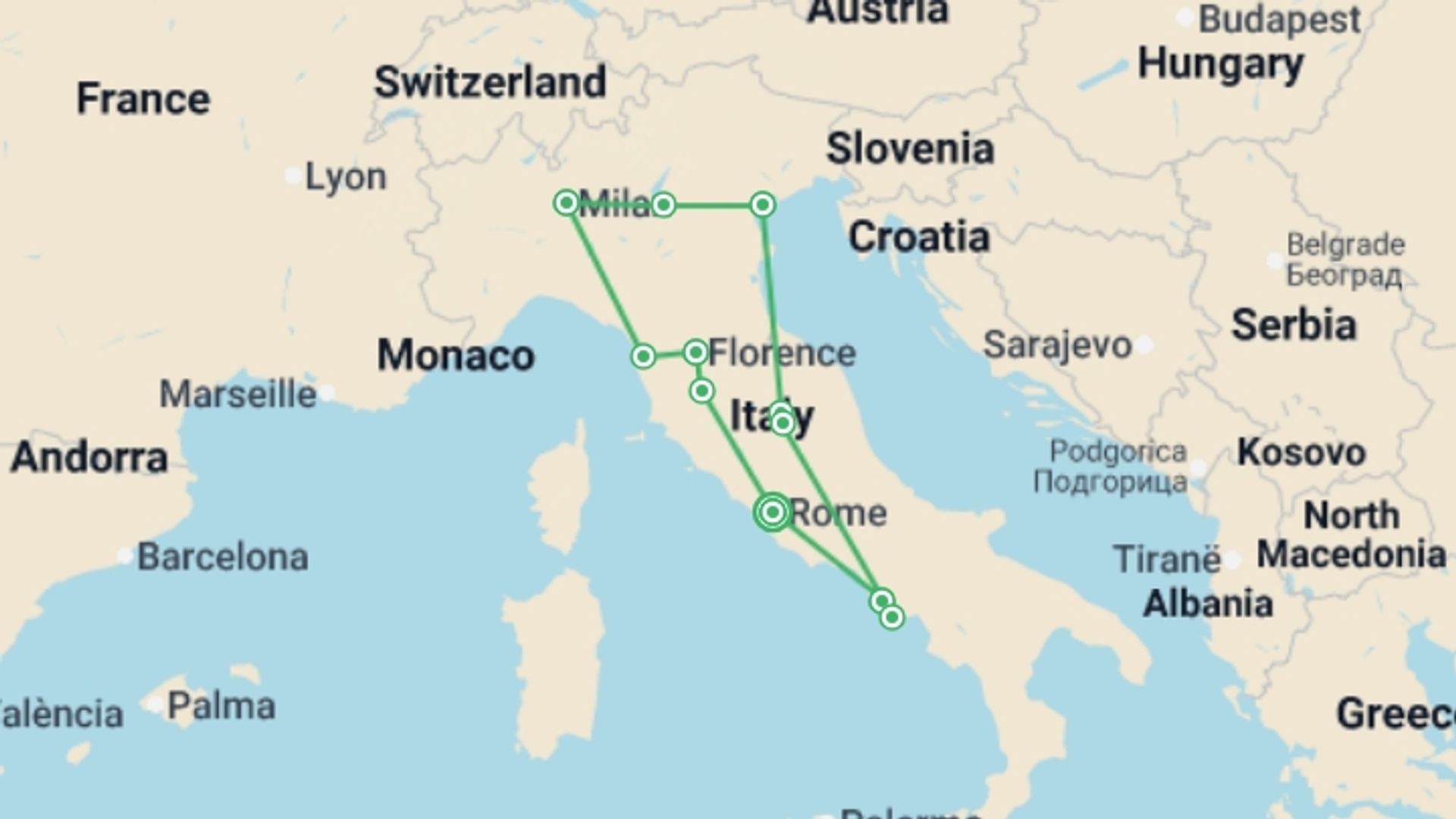 A map showing the tour itinerary for the trip: Splendours of Italy, starting in Rome, Italy and ending in Rome, Italy going through 5 other destinations.