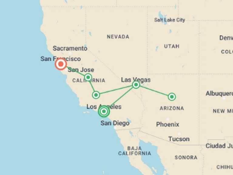 Map itinerary of Los Angeles Tour in December 2025 with 6 destination visits for the trip: Dreams of the West end in San Francisco