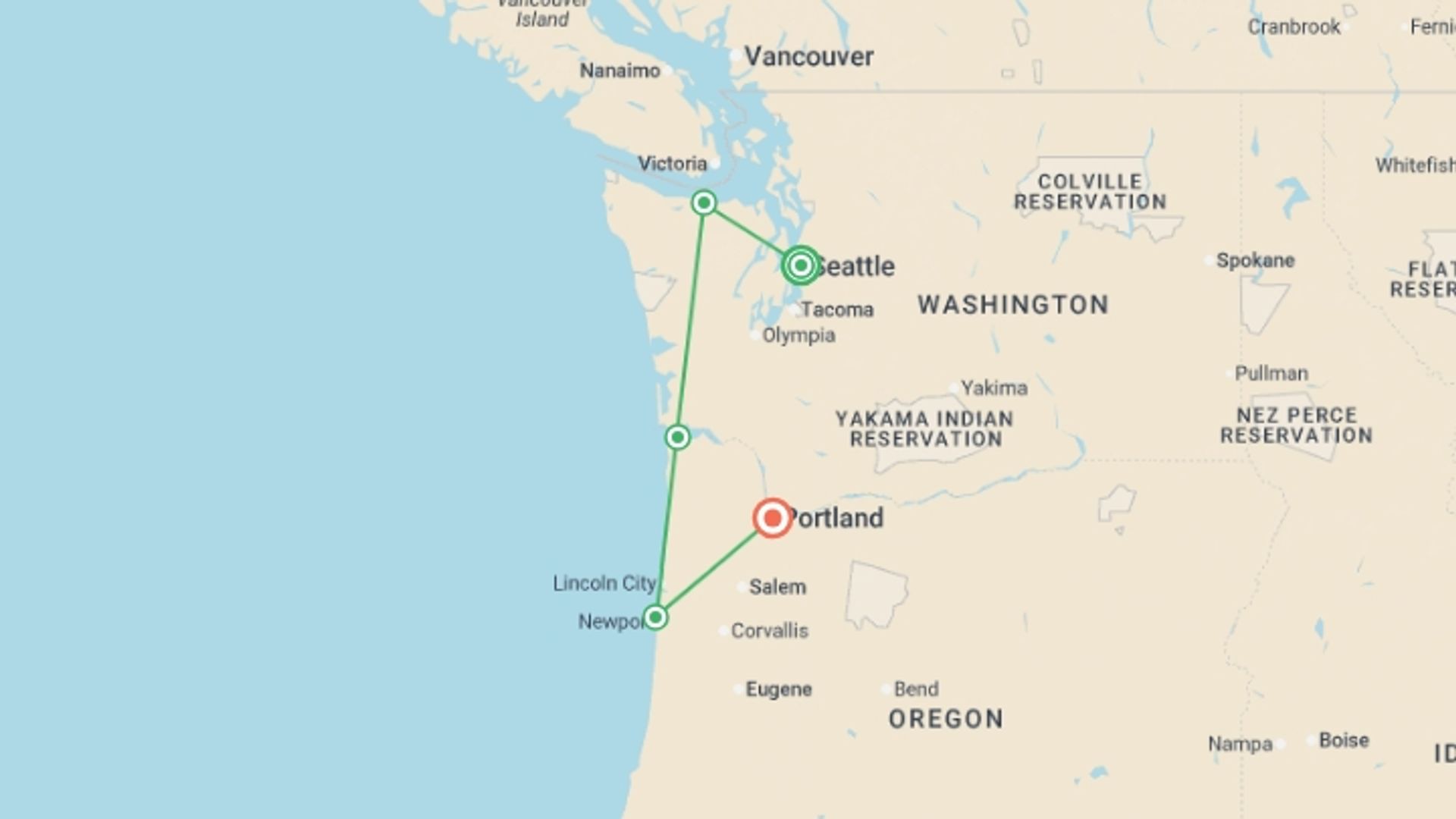A map showing the tour itinerary for the trip: Scenic Seattle, Portland and Oregon Coast, starting in Seattle, USA and ending in Portland, OR, USA going through 3 other destinations.