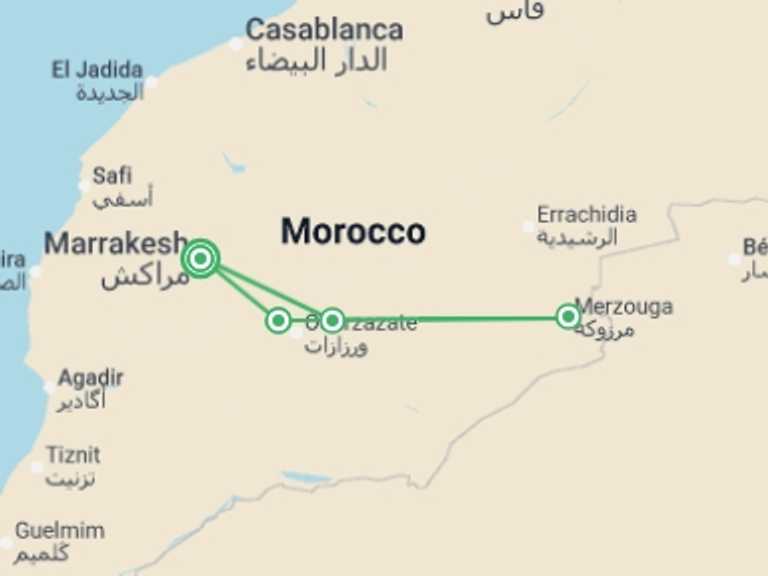 Map itinerary of Africa Tour in April 2027 with 4 destination visits for the trip: Moroccan Desert Adventure: River Canyons & Camels