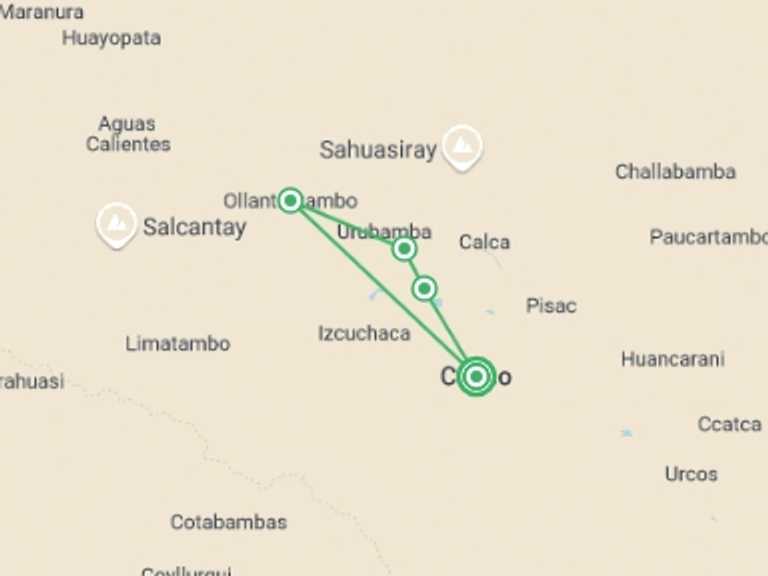 Map of Peru Getaways and short breaks Tour with 2 destination visits for the trip: Discovering Cusco