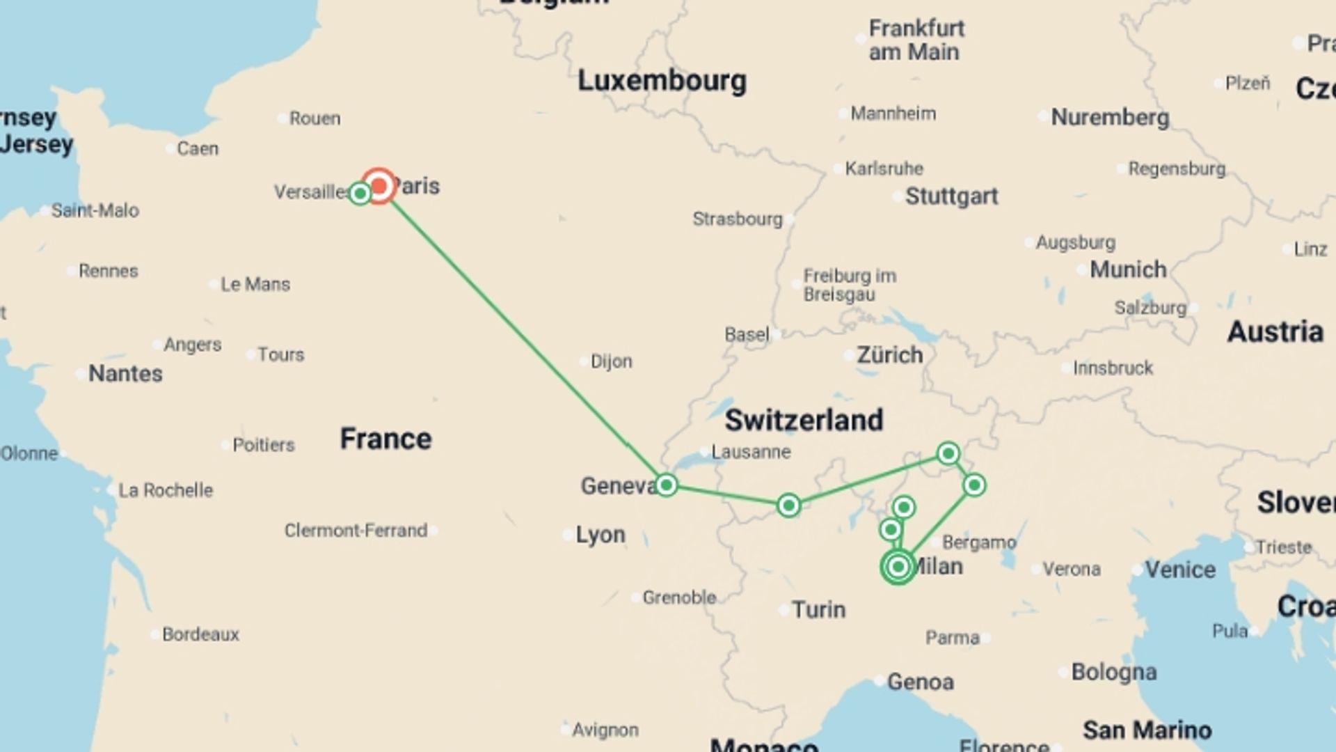 A map showing the tour itinerary for the trip: Enchanting Milan Swiss Alps and Paris By Rail, starting in Milan, Italy and ending in Paris, France going through 3 other destinations.