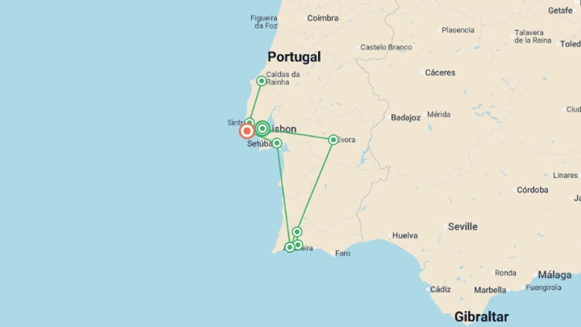 A map showing the tour itinerary for the trip: Sunny Portugal Lisbon, Alentejo, Algarve & Portuguese Riviera, starting in Lisbon, Portugal and ending in Cascais, Portugal going through 2 other destinations.
