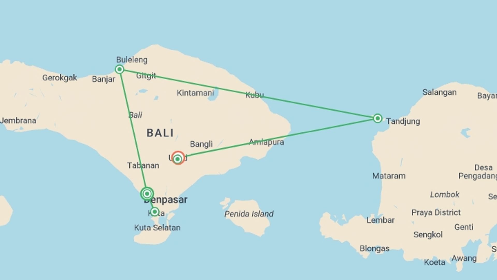 A map showing the tour itinerary for the trip: Bali Intro 12 day, starting in Canggu, Indonesia and ending in Ubud, Indonesia going through 5 other destinations.