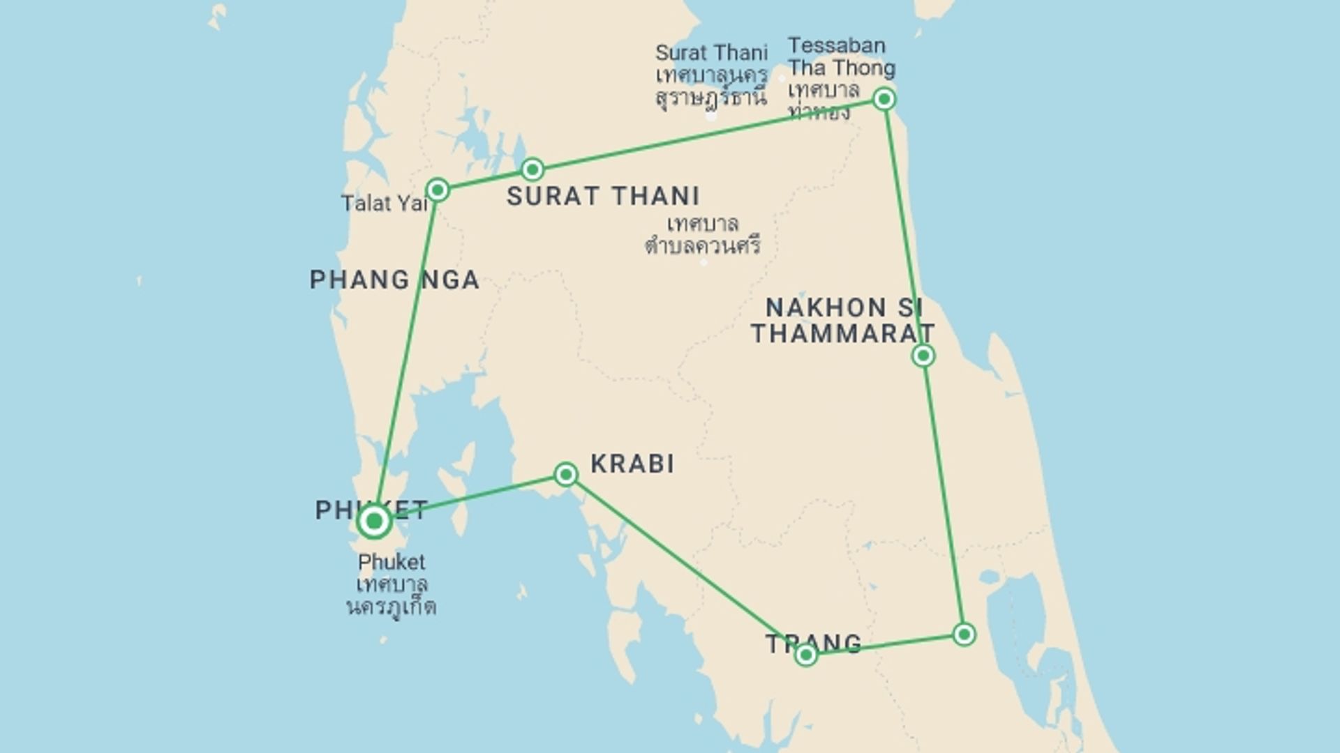 A map showing the tour itinerary for the trip: See 2 Oceans, Private Tour, starting in Phuket, Thailand and ending in Phuket, Thailand going through 5 other destinations.