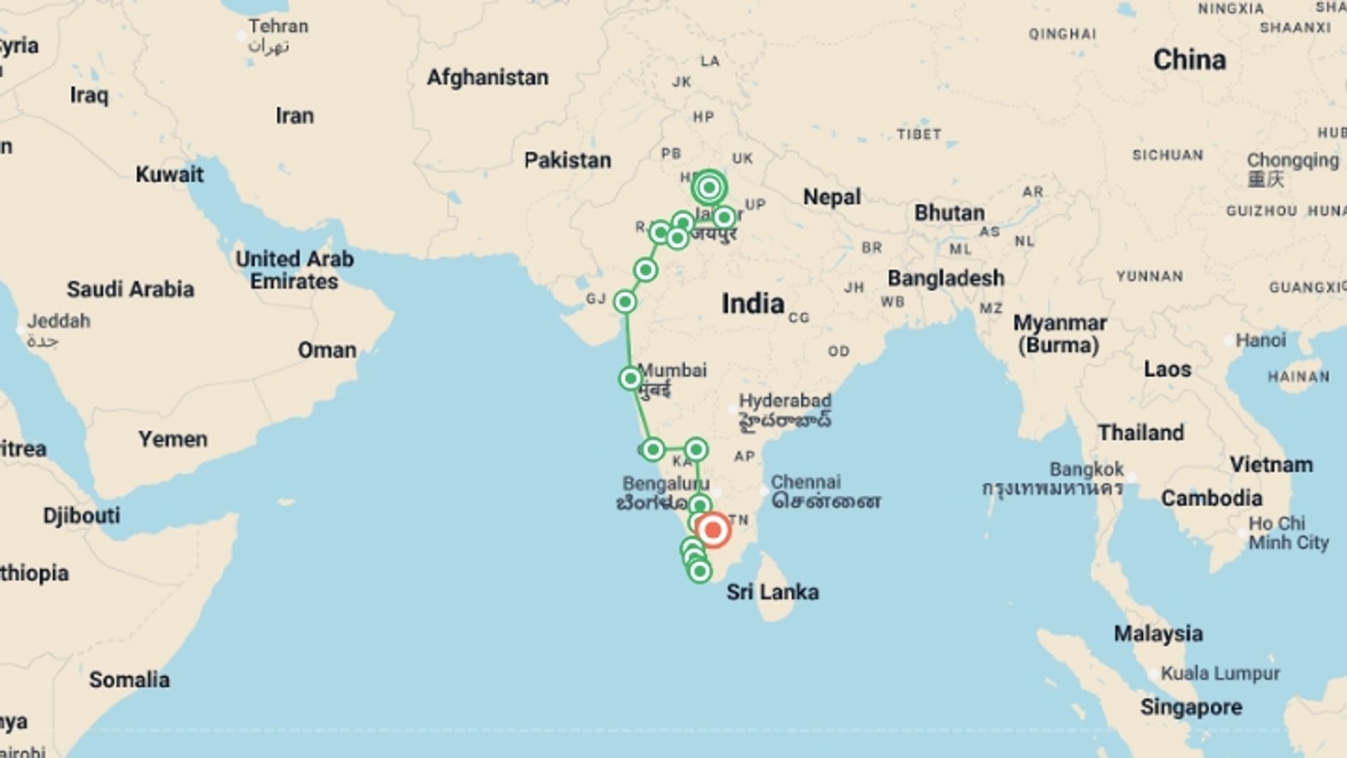 A map showing the tour itinerary for the trip: India North to South: Goa & The Golden Triangle, starting in New Delhi, India and ending in Kerala & Tamil Nadu, India going through 12 other destinations.