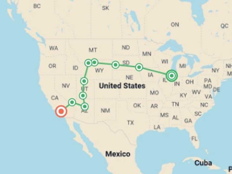 Map of a Adventure and sport Tour with 10 destination visits for the trip: Chicago to LA