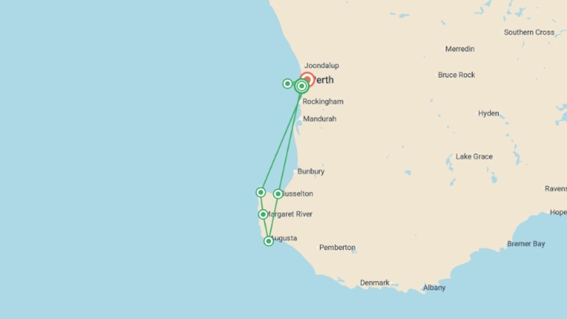 A map showing the tour itinerary for the trip: Best of Perth, Margaret River & Rottnest Island, starting in Fremantle, Australia and ending in Perth, Australia going through 2 other destinations.