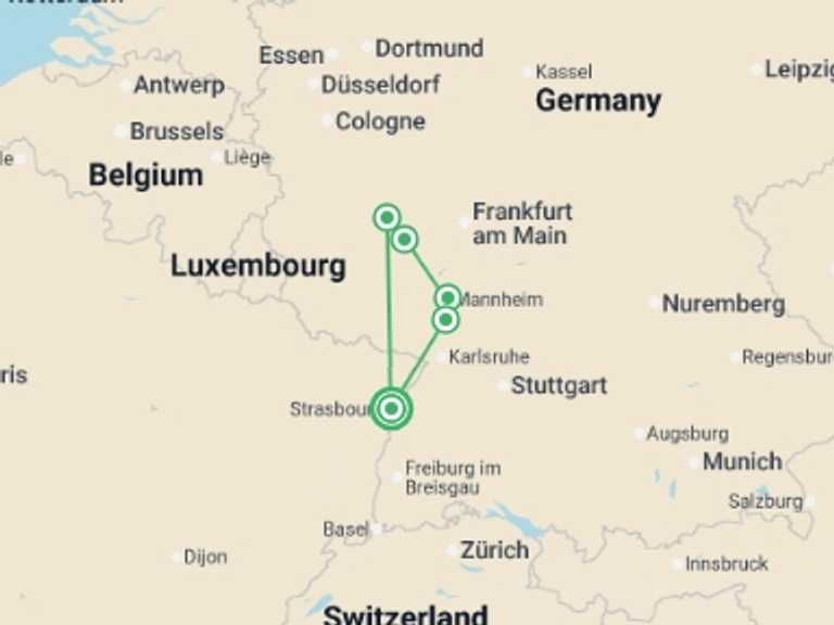 Map of France Tour with 3 destination visits for the trip: New Year on the Rhine: The romantic Rhine and its castles (port-to-port cruise)