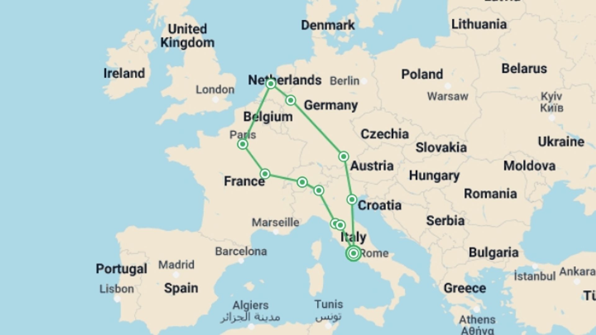 A map showing the tour itinerary for the trip: Europe Highlights, starting in Rome, Italy and ending in Rome, Italy going through 10 other destinations.