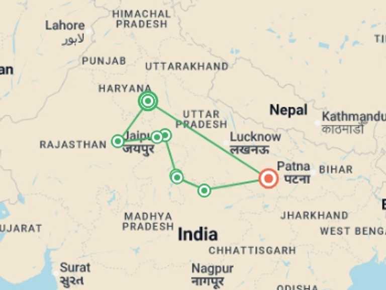 Map of India Tour with 5 destination visits for the trip: India Golden Triangle with Khajuraho & Ganges