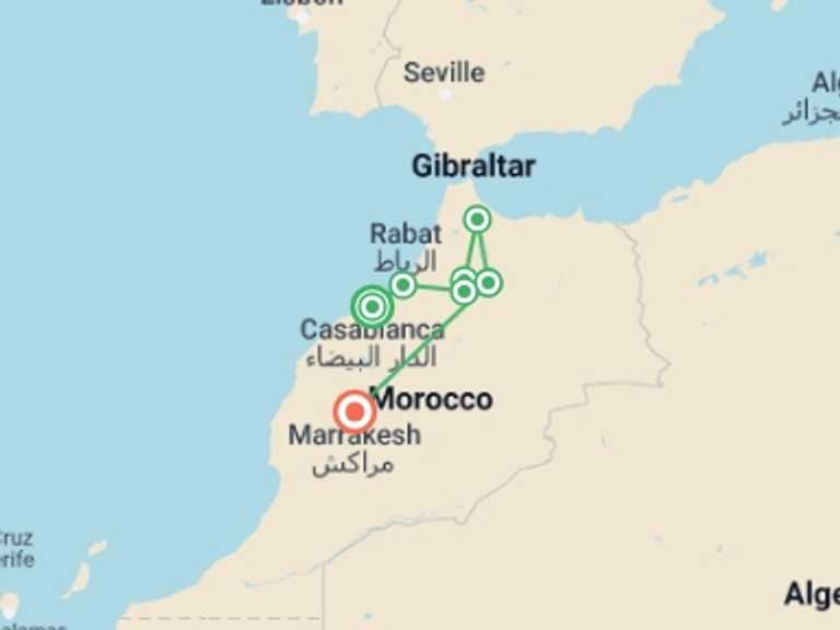 Map of 8-Day Marrakech Tour with 5 destination visits for the trip: Best Of Morocco(4 Star Hotels)