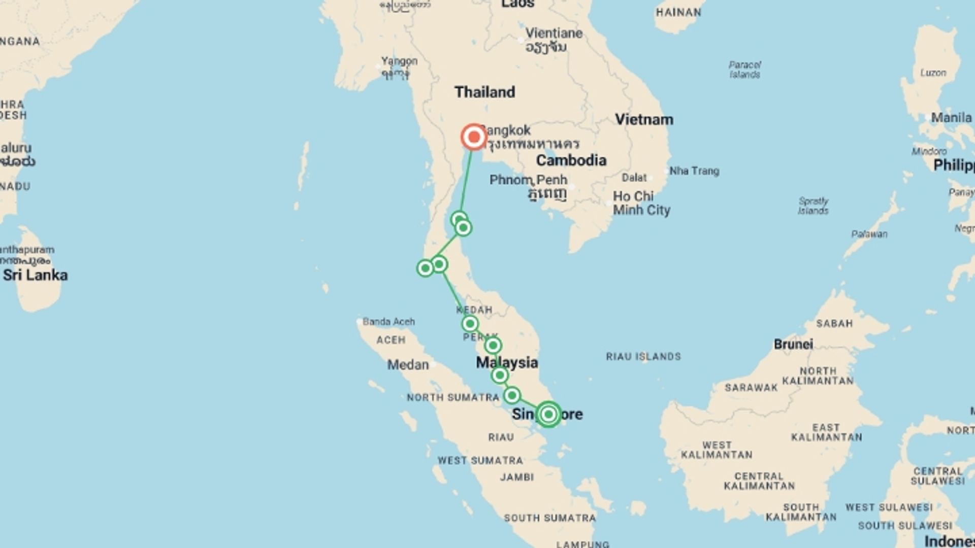A map showing the tour itinerary for the trip: Singapore to Bangkok Travel Pass, starting in Singapore, Singapore and ending in Bangkok, Thailand going through 8 other destinations.