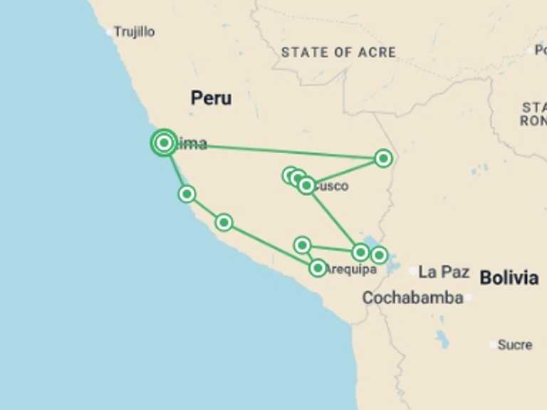Map itinerary of South America Tour in November 2026 with 11 destination visits for the trip: Absolute Peru: Amazon Jungle & Machu Picchu by Train