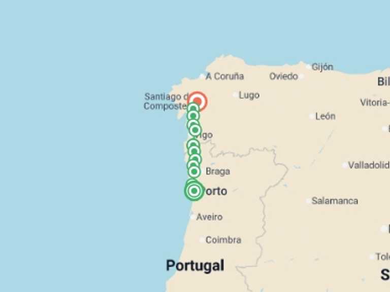 Map itinerary of Europe Tour in August 2026 with 12 destination visits for the trip: Portuguese Camino - Porto to Santiago