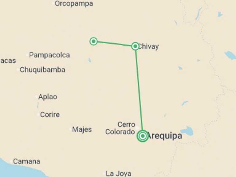 Map of 2-Day Peru Tour with 2 destination visits for the trip: Colca Canyon Trekking 2D/1N