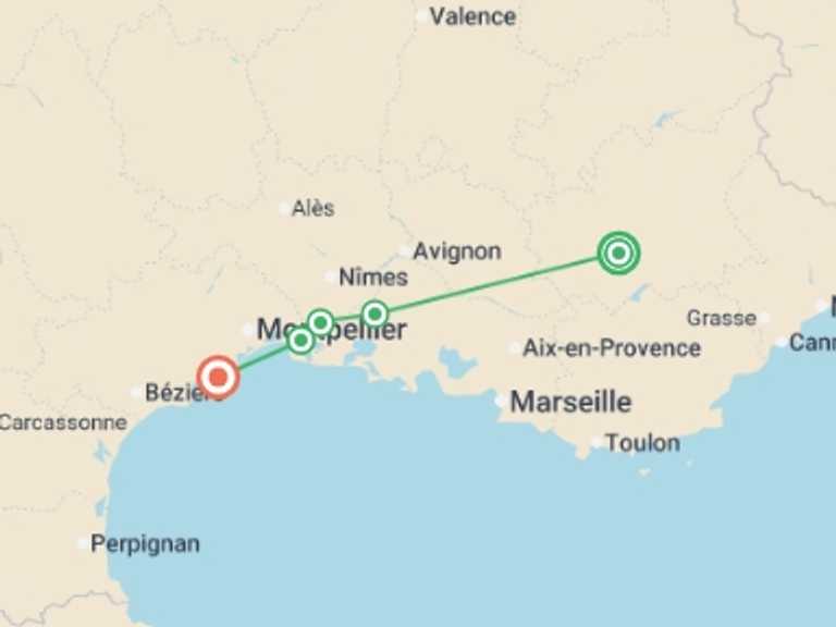Map itinerary of Europe Tour in April 2027 with 5 destination visits for the trip: Charming Provence : a barge cruise in Southern France (port-to-port cruise)