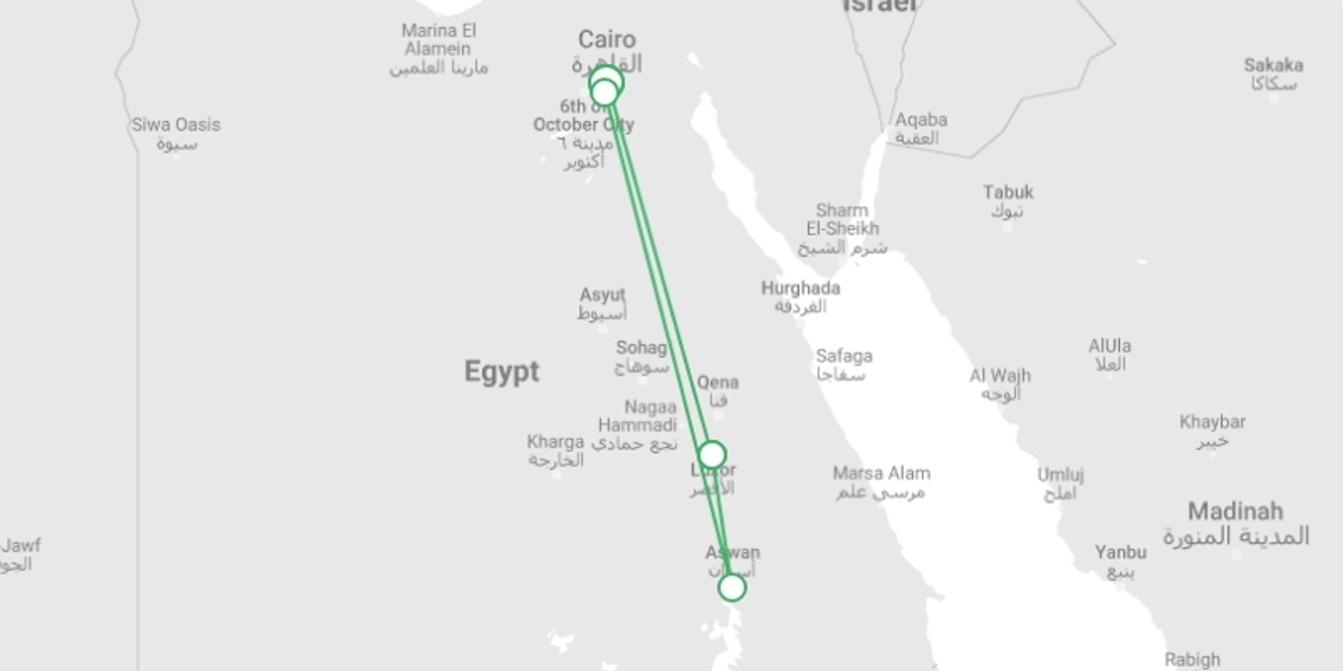 A map showing the tour itinerary for the trip: 7 days Cairo & Black & white desert, starting in Cairo, Egypt and ending in Cairo, Egypt going through 4 other destinations.