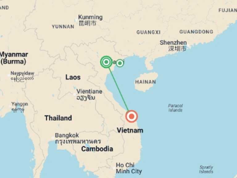 Map itinerary of Asia Tour in Fall with 3 destination visits for the trip: Vietnam Family Holiday - 8 days