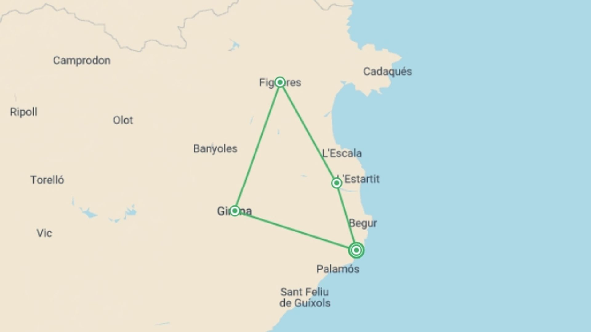 A map showing the tour itinerary for the trip: Classic Catalan Cycling, starting in Calella De Palafugell, Spain and ending in Calella De Palafugell, Spain going through 4 other destinations.