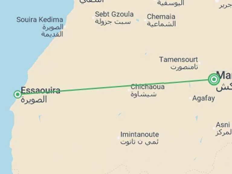 Map of 4-Day Marrakech Tour with 2 destination visits for the trip: Essaouira Escape 4D/3N