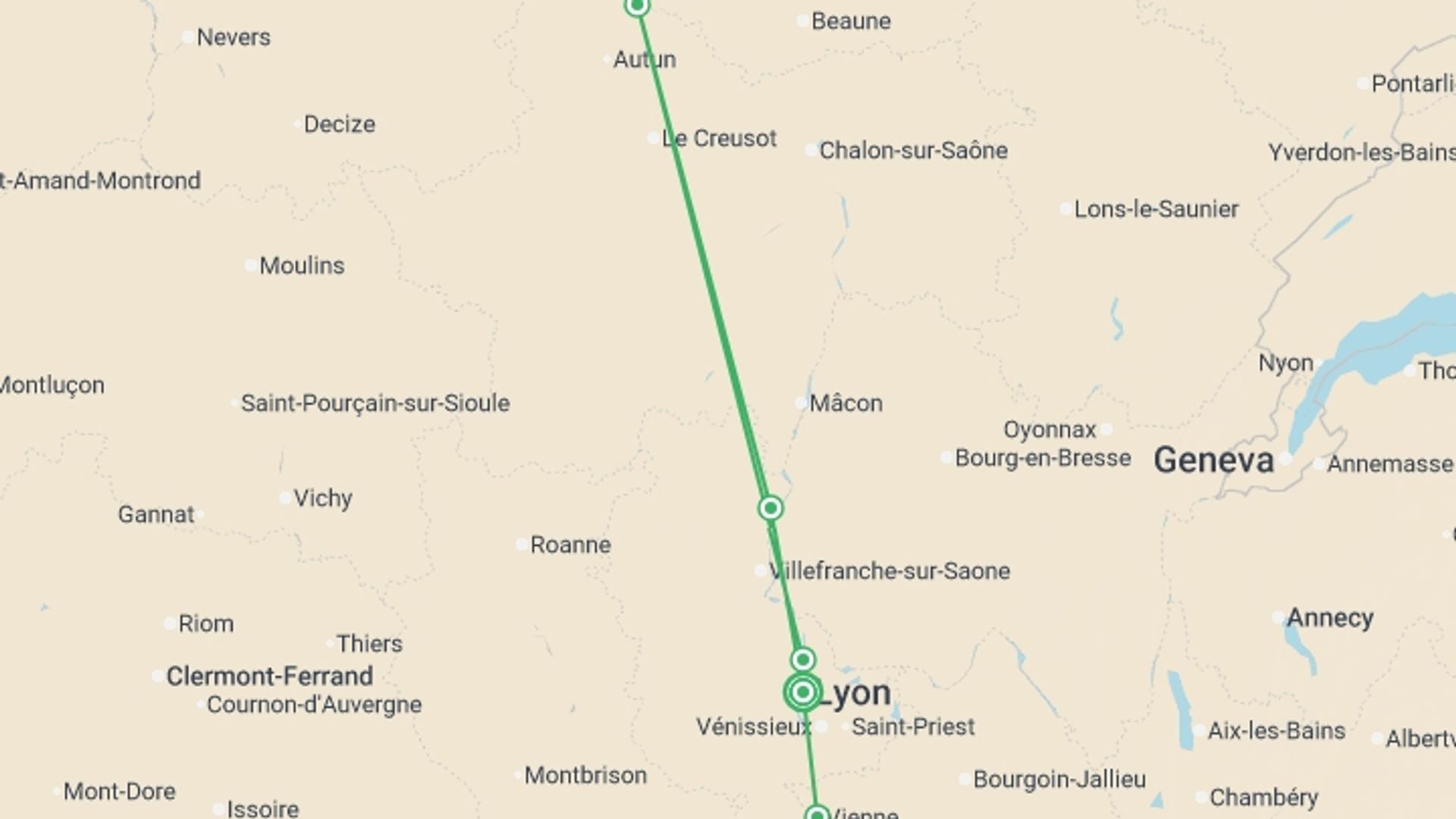 A map showing the tour itinerary for the trip: The Valleys of the Rhône and Saône: Gastronomy and vineyards (port-to-port cruise), starting in Lyon, France and ending in Lyon, France going through 1 other destinations.