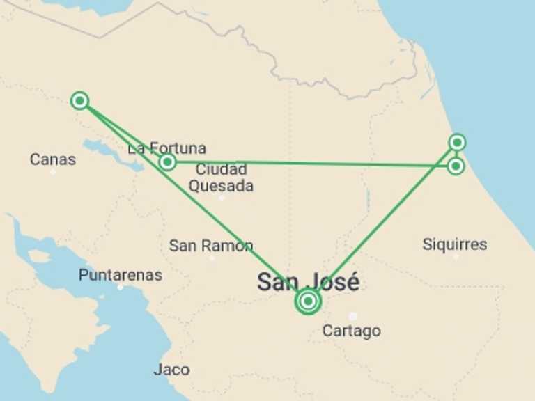 Map of San Jose Explorer Tour with 5 destination visits for the trip: Costa Rica: Tortuguero, La Fortuna & Rio Celeste