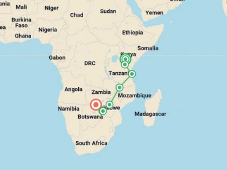 Map itinerary of Arusha Tour in Summer with 9 destination visits for the trip: Nairobi To Victoria Falls (34 Days)
