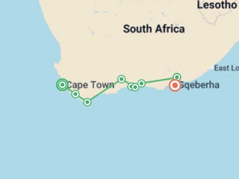 Map itinerary of Cape Town Tour in Fall with 6 destination visits for the trip: Cape Town, Garden Route & Addo Adventure 10D/9N