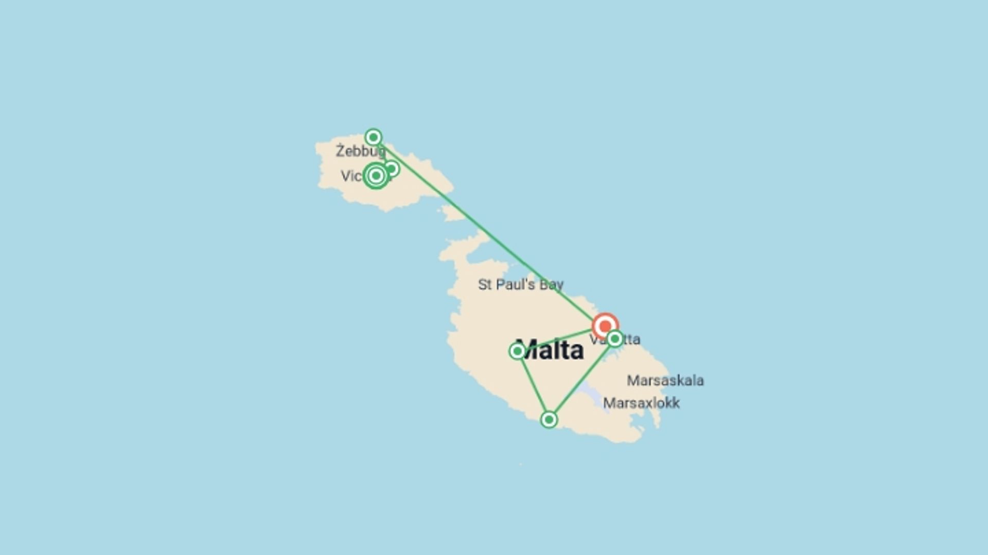 A map showing the tour itinerary for the trip: Malta and Gozo Discovery, starting in Gozo, Malta and ending in Sliema, Malta going through 5 other destinations.
