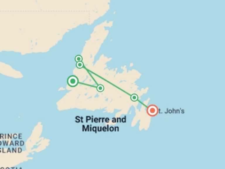 Map of 9-Day Canada Tour with 7 destination visits for the trip: Newfoundland Discovery - 9 days
