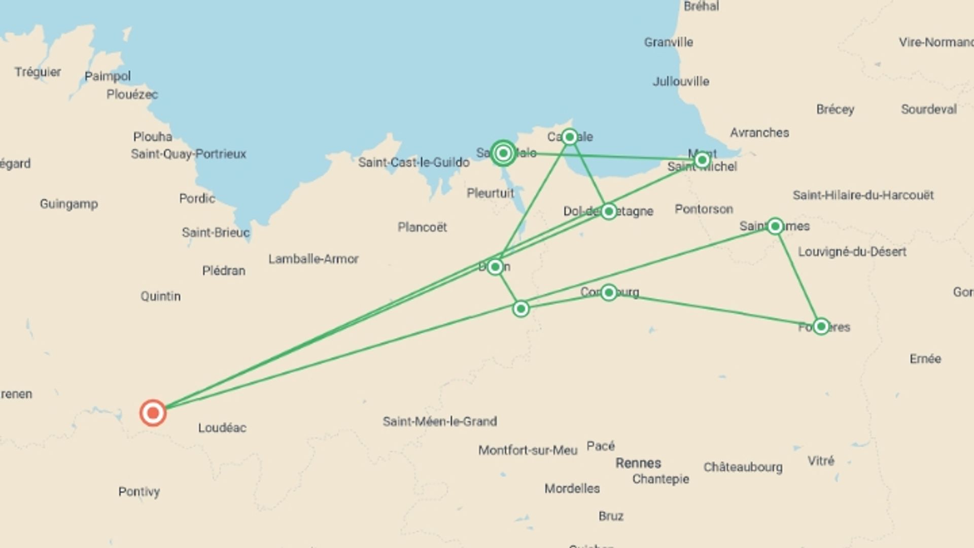A map showing the tour itinerary for the trip: Brittany Walled Towns, starting in  St Malo, France and ending in Brittany, France going through 5 other destinations.